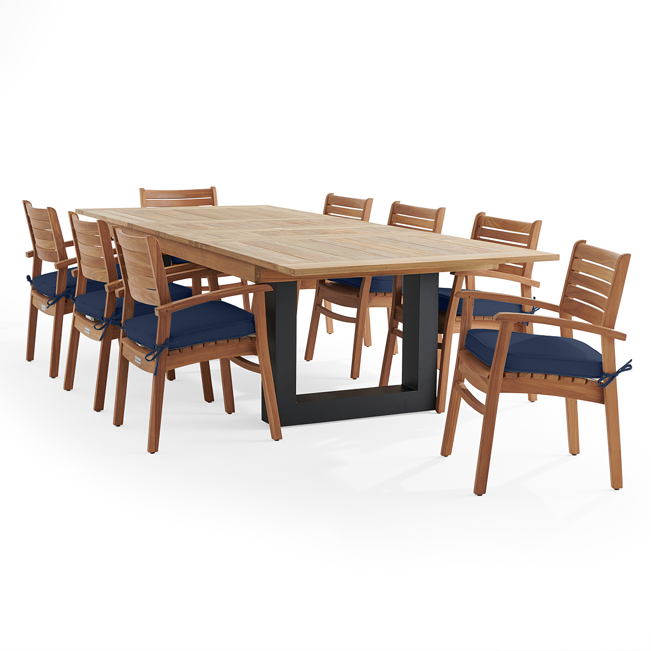 Warwick Teak with Cushions 9 Piece Dining Set + Balencia 87-118 x 47 in. Extension Table (Spectrum Indigo)