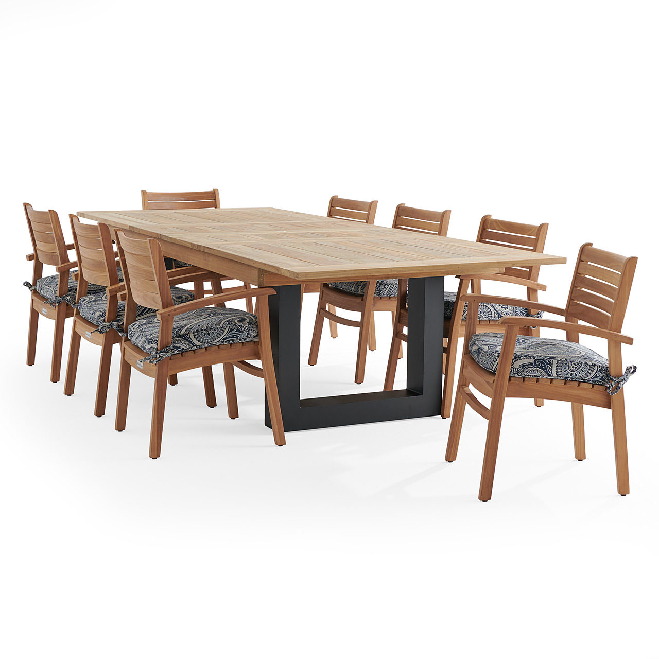 Warwick Teak with Cushions 9 Piece Dining Set + Balencia 87-118 x 47 in. Extension Table (Royce Indigo)