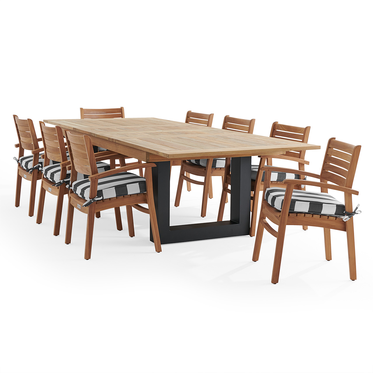 Warwick Teak with Cushions 9 Piece Dining Set + Balencia 87-118 x 47 in. Extension Table (Cabana Classic)