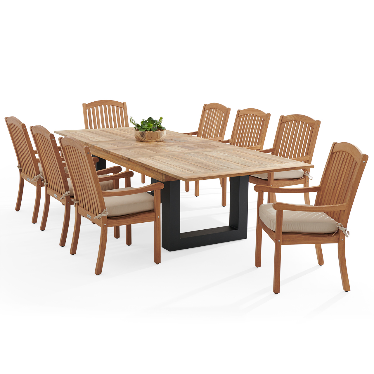 Eastchester Teak with Cushions 9 Piece Dining Set + Balencia 87-118 x 47 in. Extension Table (Beige)
