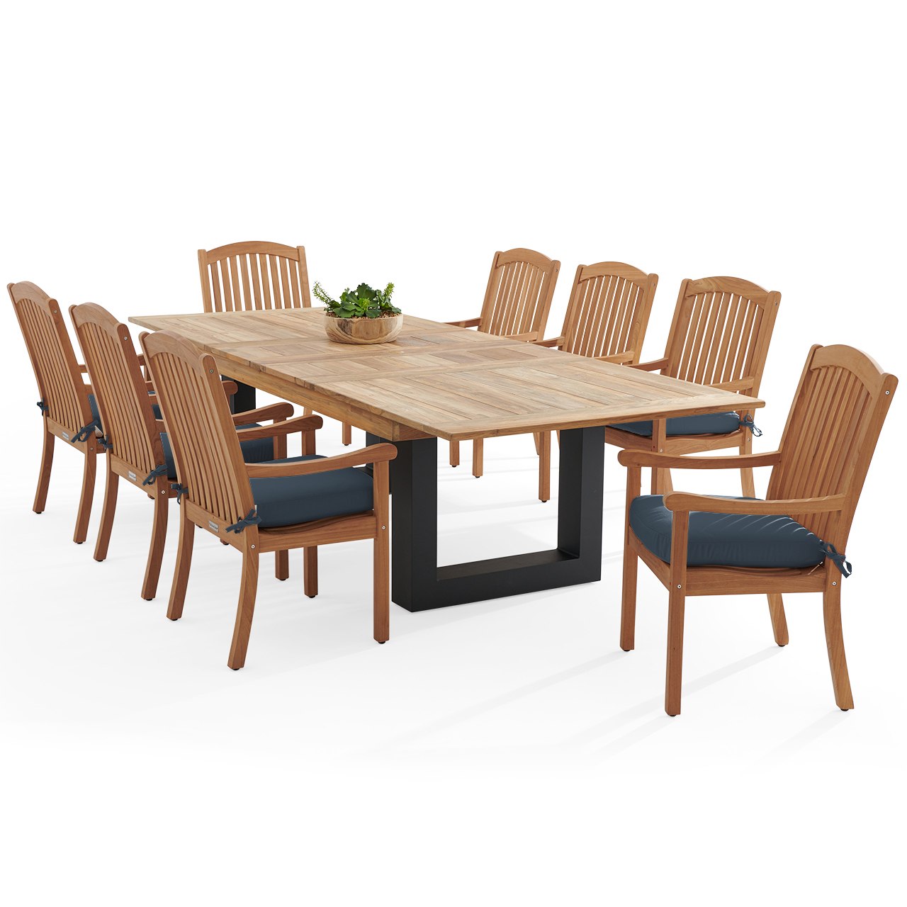 Eastchester Teak with Cushions 9 Piece Dining Set + Balencia 87-118 x 47 in. Extension Table (Navy)