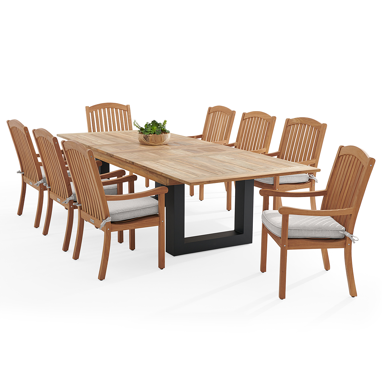 Eastchester Teak with Cushions 9 Piece Dining Set + Balencia 87-118 x 47 in. Extension Table (Canvas Granite)