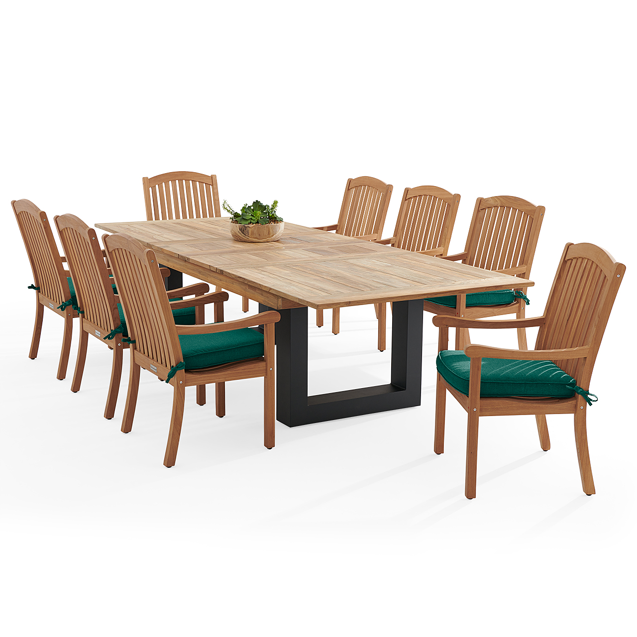 Eastchester Teak with Cushions 9 Piece Dining Set + Balencia 87-118 x 47 in. Extension Table (Canvas Forest Green)