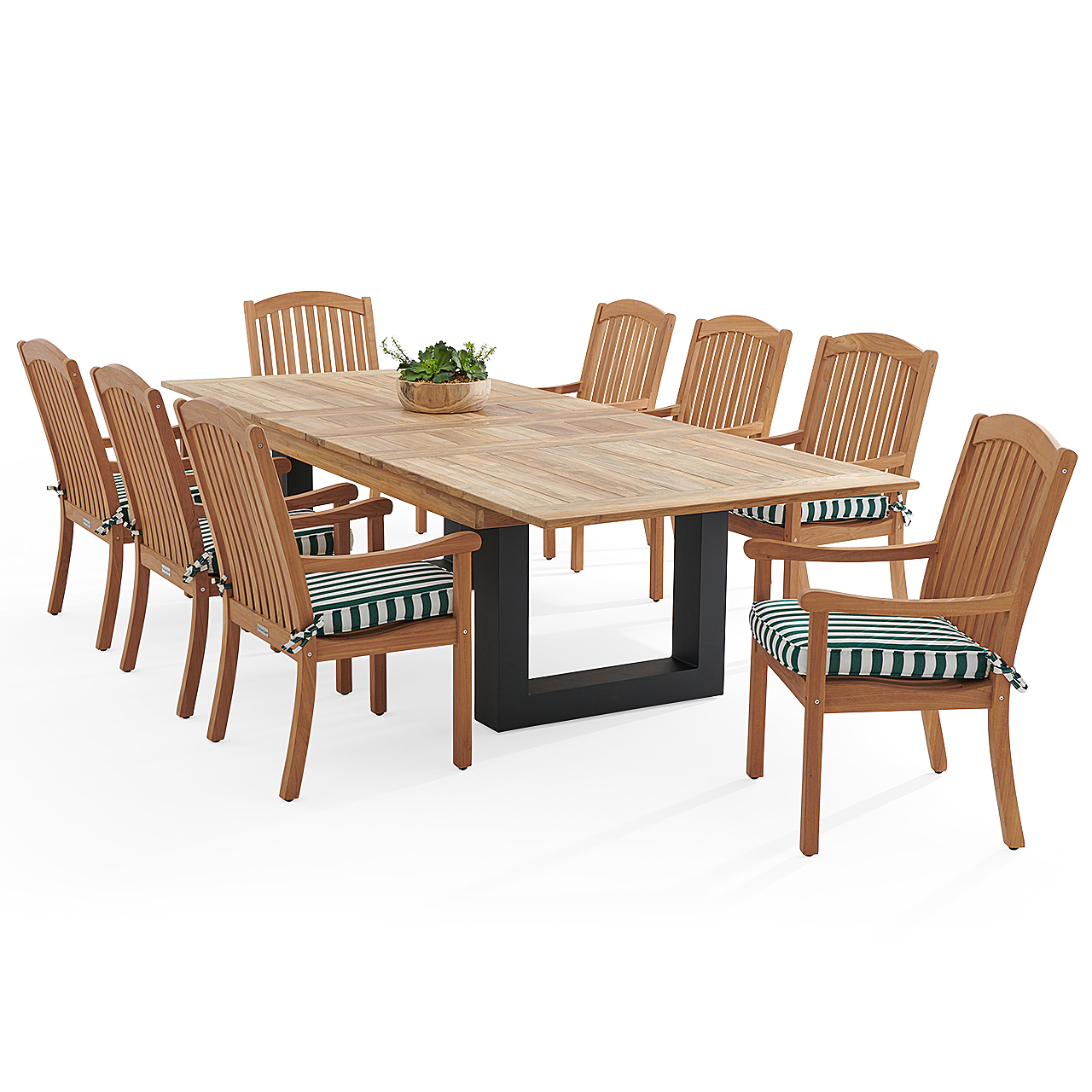 Eastchester Teak with Cushions 9 Piece Dining Set + Balencia 87-118 x 47 in. Extension Table (Mason Forest Green)