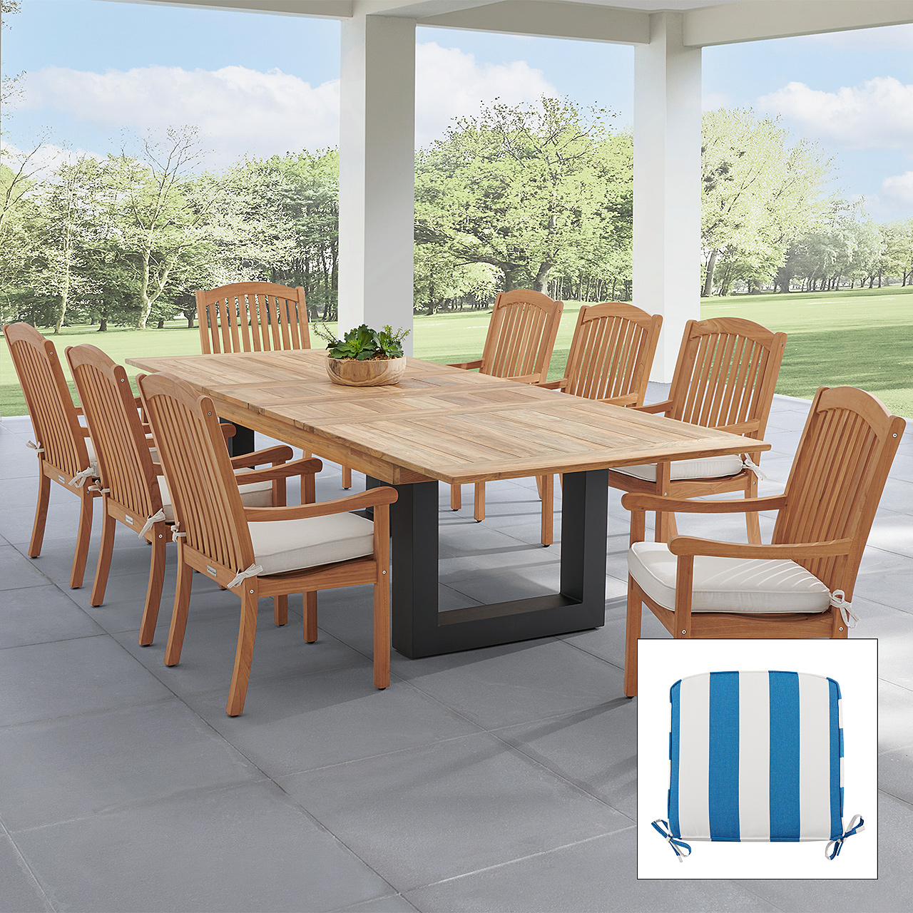 Eastchester Teak with Cushions 9 Piece Dining Set + Balencia 87-118 x 47 in. Extension Table (Cabana Regatta)