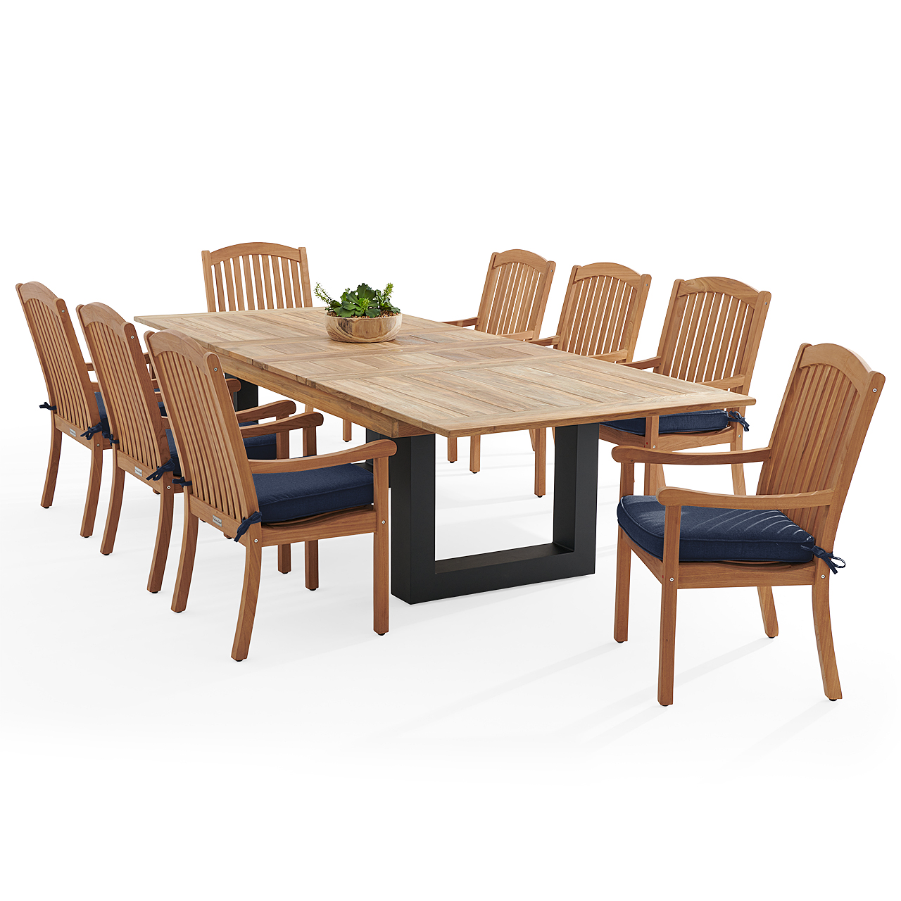 Eastchester Teak with Cushions 9 Piece Dining Set + Balencia 87-118 x 47 in. Extension Table (Spectrum Indigo)