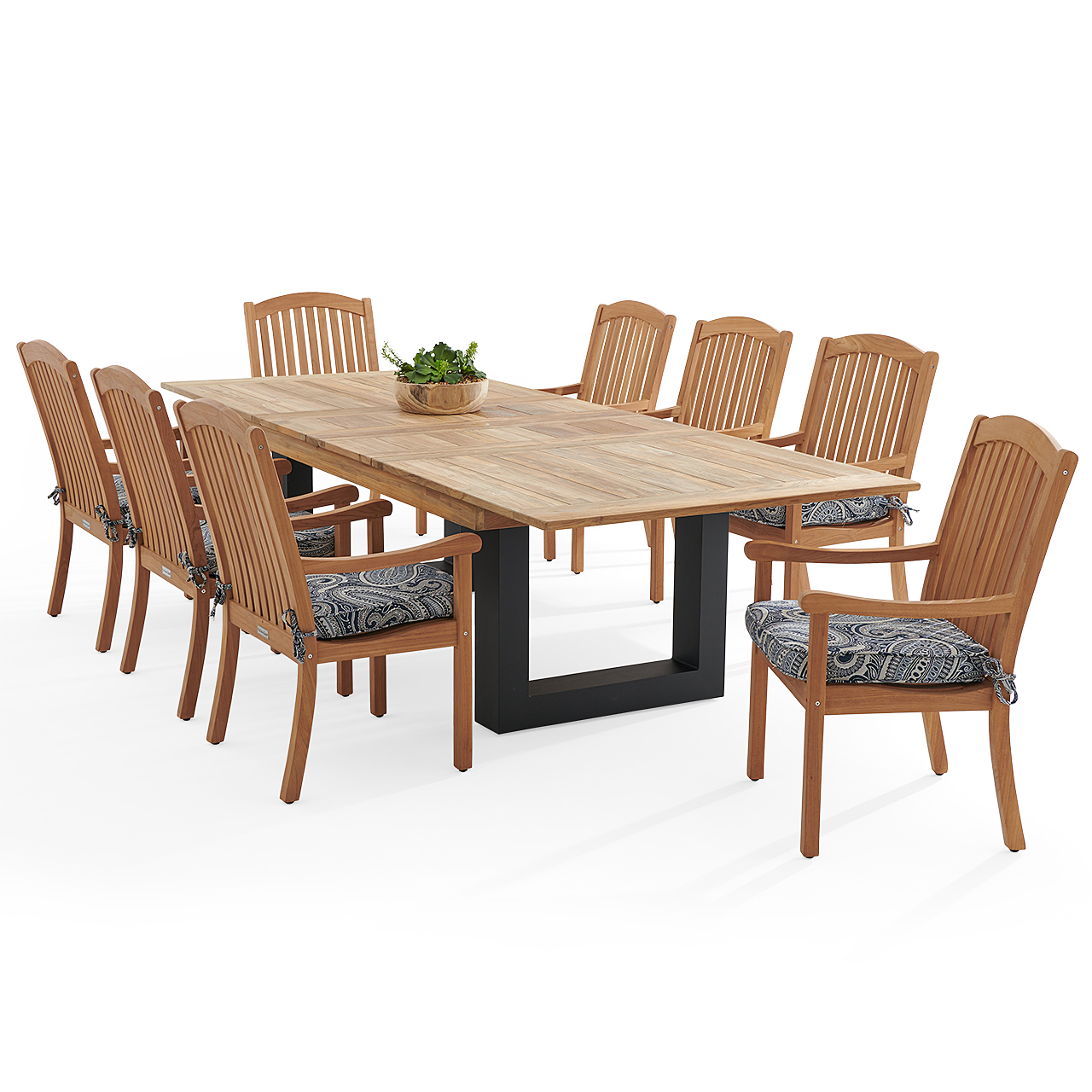 Eastchester Teak with Cushions 9 Piece Dining Set + Balencia 87-118 x 47 in. Extension Table (Royce Indigo)