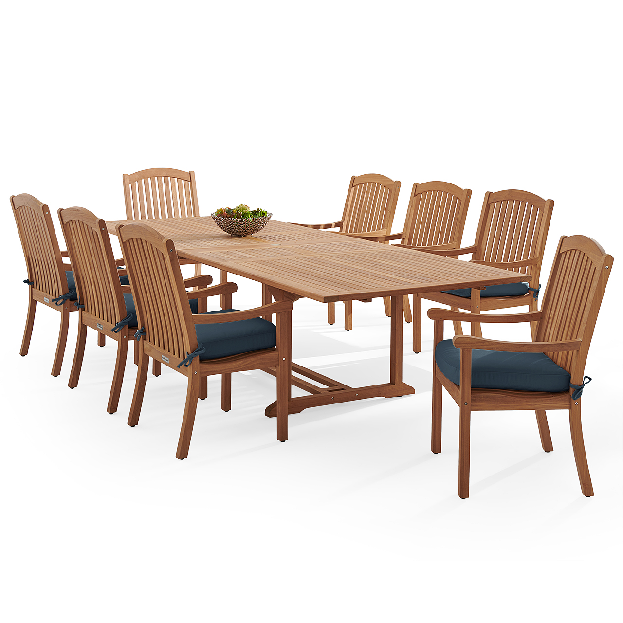 Eastchester Teak with Cushions 9 Piece Dining Set + Bristol 87-118 x 47 in. Extension Table (Navy)