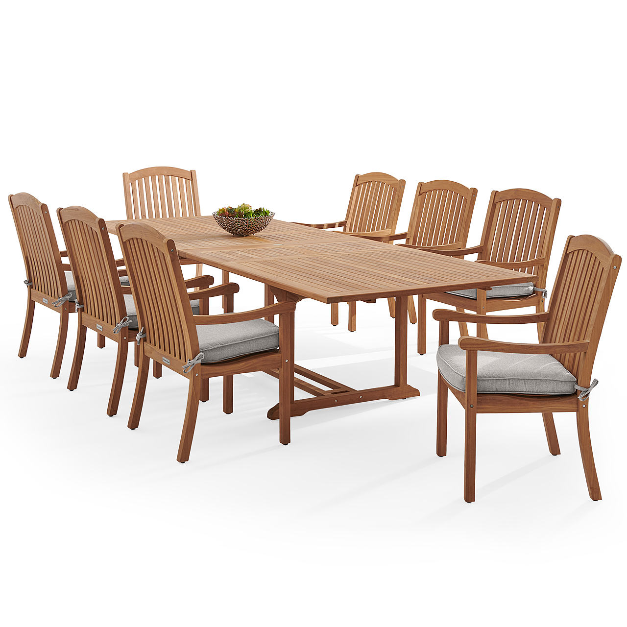 Eastchester Teak with Cushions 9 Piece Dining Set + Bristol 87-118 x 47 in. Extension Table (Canvas Granite)