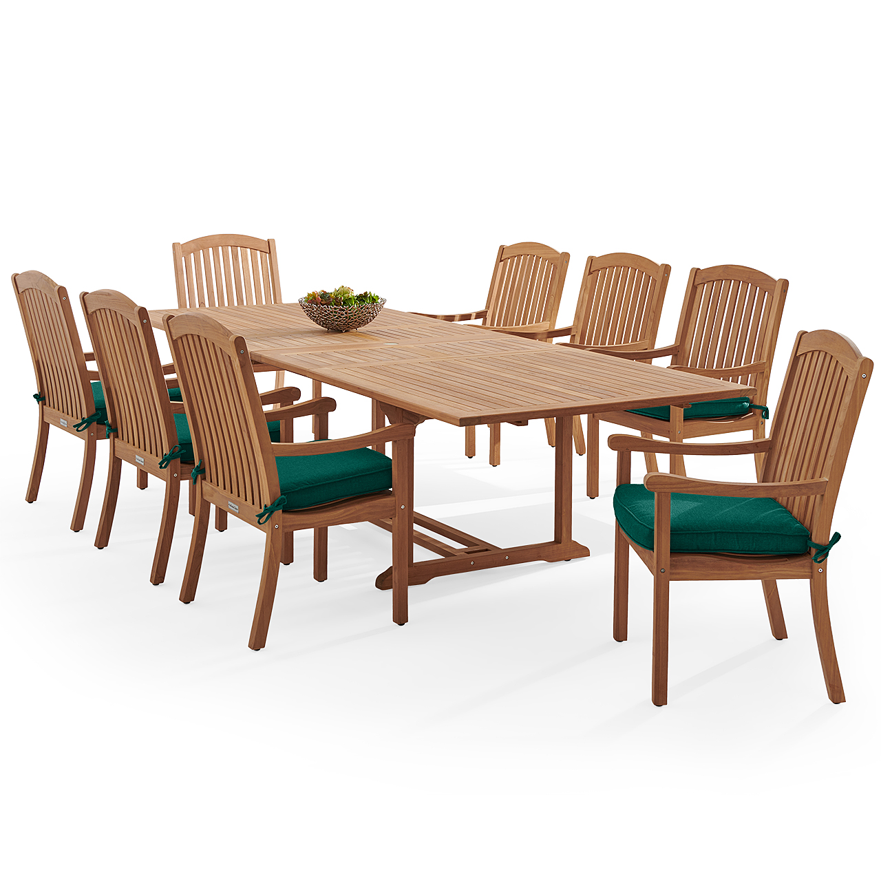 Eastchester Teak with Cushions 9 Piece Dining Set + Bristol 87-118 x 47 in. Extension Table (Canvas Forest Green)