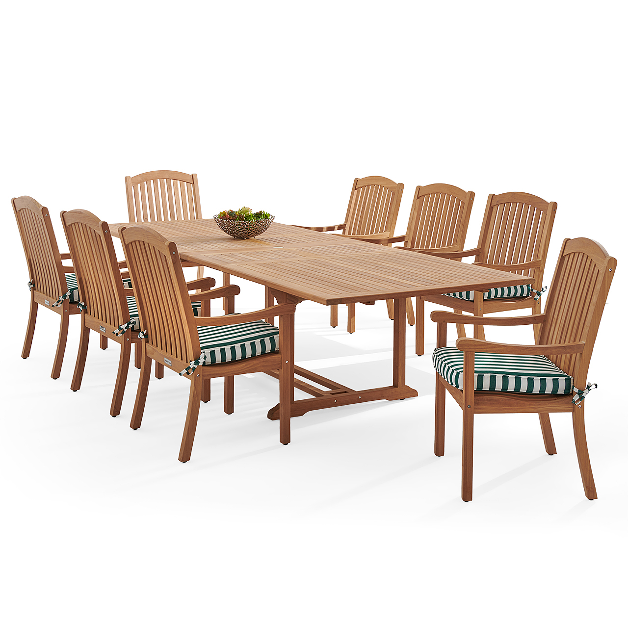 Eastchester Teak with Cushions 9 Piece Dining Set + Bristol 87-118 x 47 in. Extension Table (Mason Forest Green)