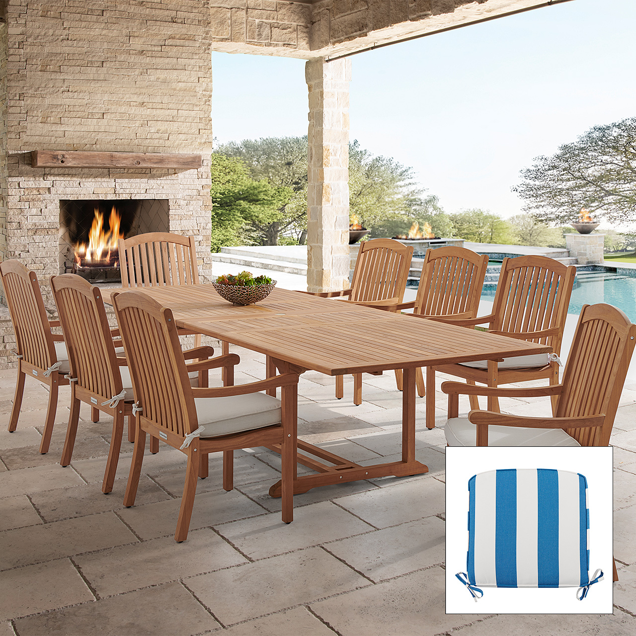 Eastchester Teak with Cushions 9 Piece Dining Set + Bristol 87-118 x 47 in. Extension Table (Cabana Regatta)