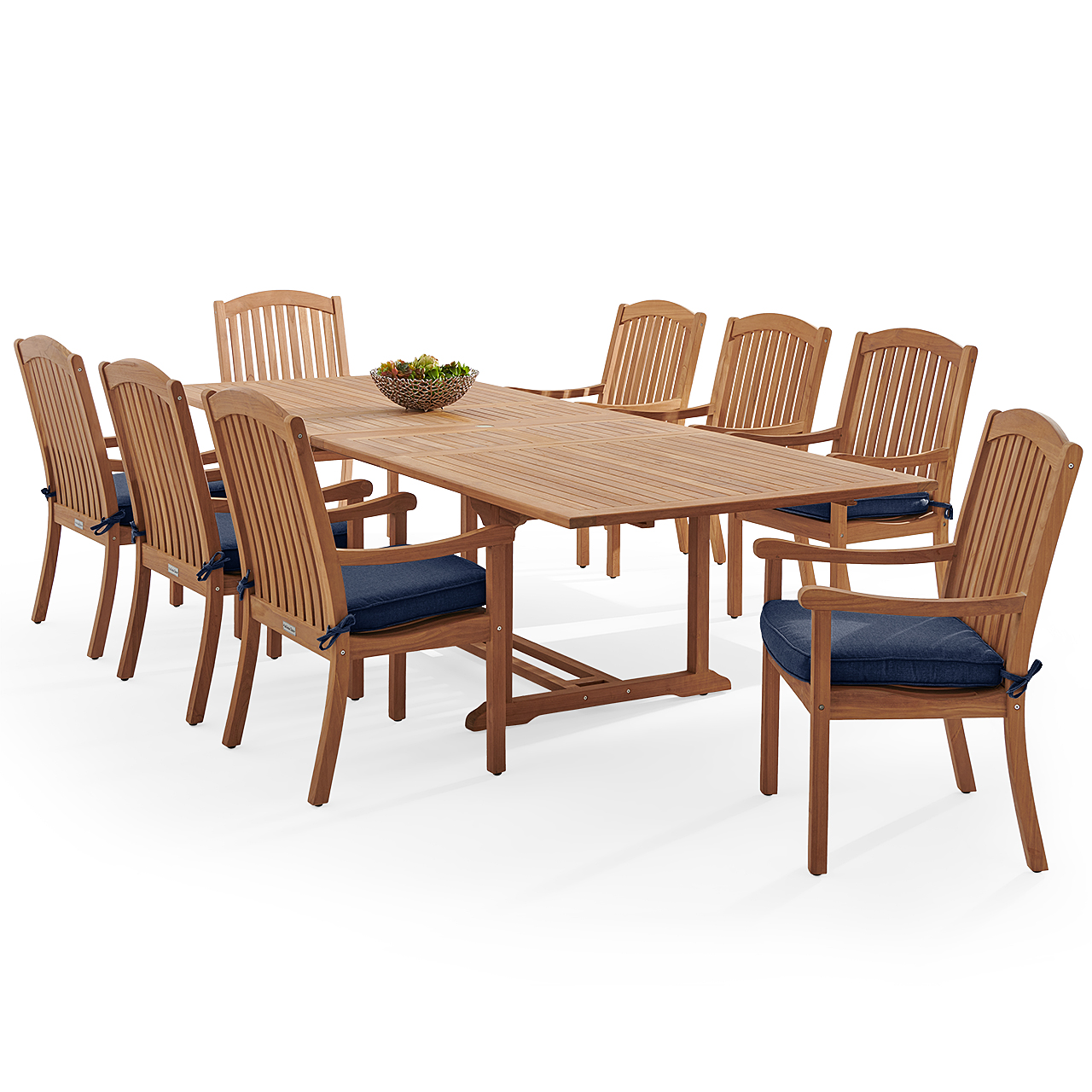 Eastchester Teak with Cushions 9 Piece Dining Set + Bristol 87-118 x 47 in. Extension Table (Spectrum Indigo)