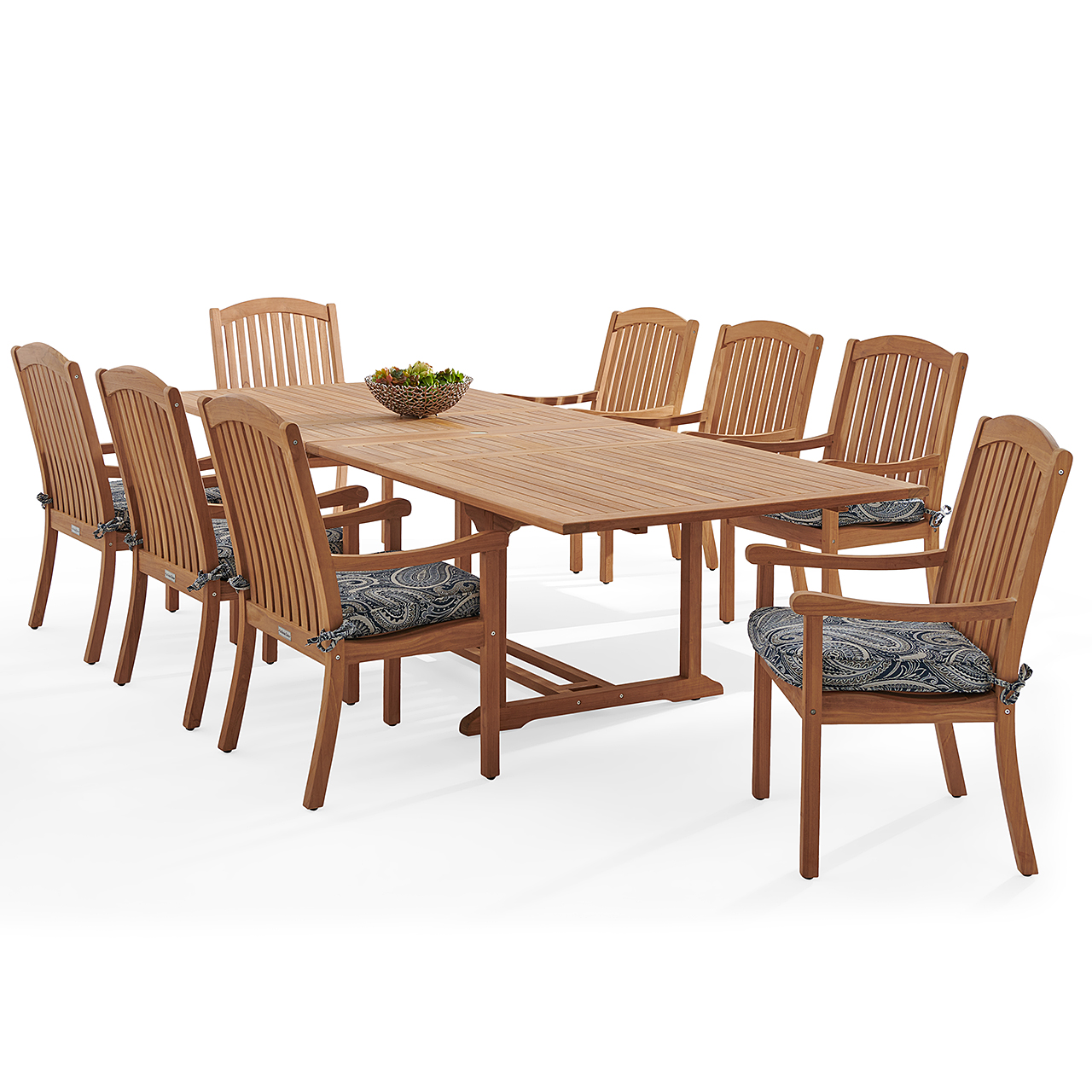 Eastchester Teak with Cushions 9 Piece Dining Set + Bristol 87-118 x 47 in. Extension Table (Royce Indigo)