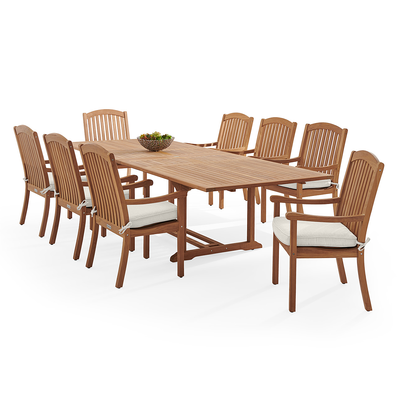 Eastchester Teak with Cushions 9 Piece Dining Set + Bristol 87-118 x 47 in. Extension Table (Mist)