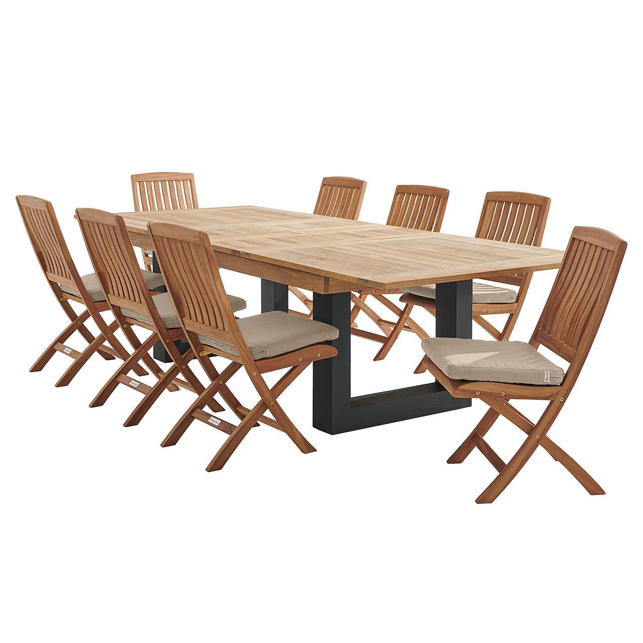 Westport Teak with Cushions 9 Piece Armless Dining Set + Balencia 87-118 x 47 in. Double Extension Table (Tempo Beige)