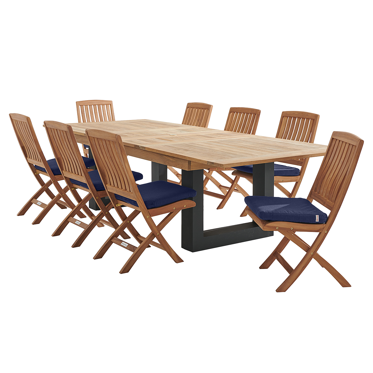 Westport Teak with Cushions 9 Piece Armless Dining Set + Balencia 87-118 x 47 in. Double Extension Table (Tempo Navy)