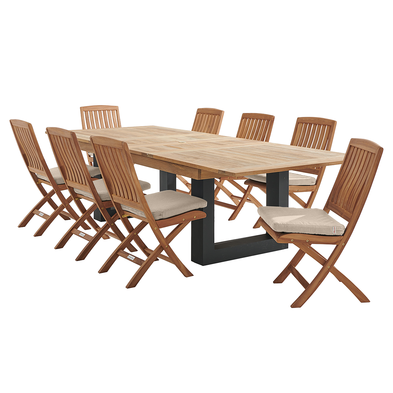 Westport Teak with Cushions 9 Piece Armless Dining Set + Balencia 87-118 x 47 in. Double Extension Table (Cast Ash)