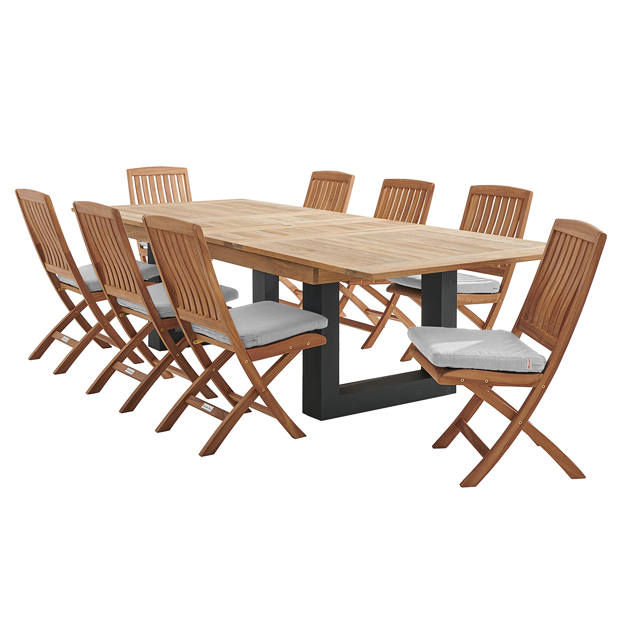 Westport Teak with Cushions 9 Piece Armless Dining Set + Balencia 87-118 x 47 in. Double Extension Table (Canvas Granite)