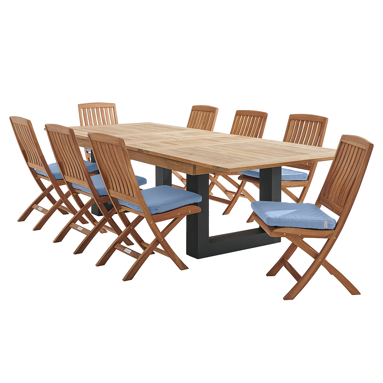 Westport Teak with Cushions 9 Piece Armless Dining Set + Balencia 87-118 x 47 in. Double Extension Table (Cast Ocean)