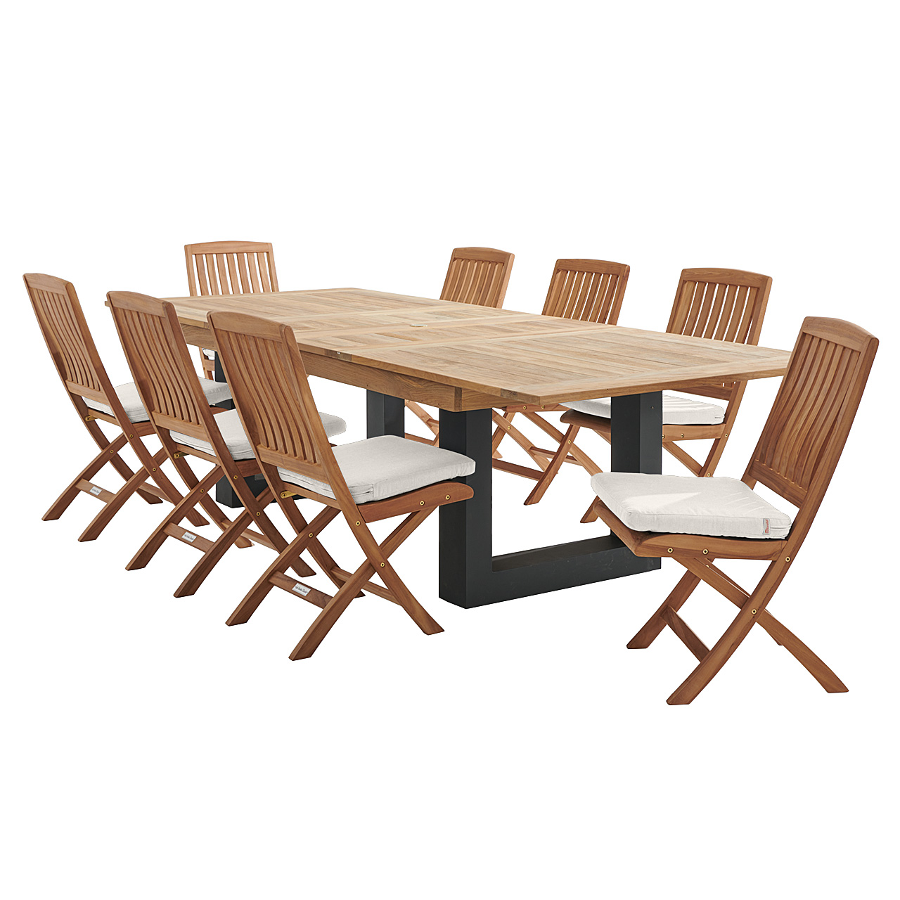 Westport Teak with Cushions 9 Piece Armless Dining Set + Balencia 87-118 x 47 in. Double Extension Table (Mist)