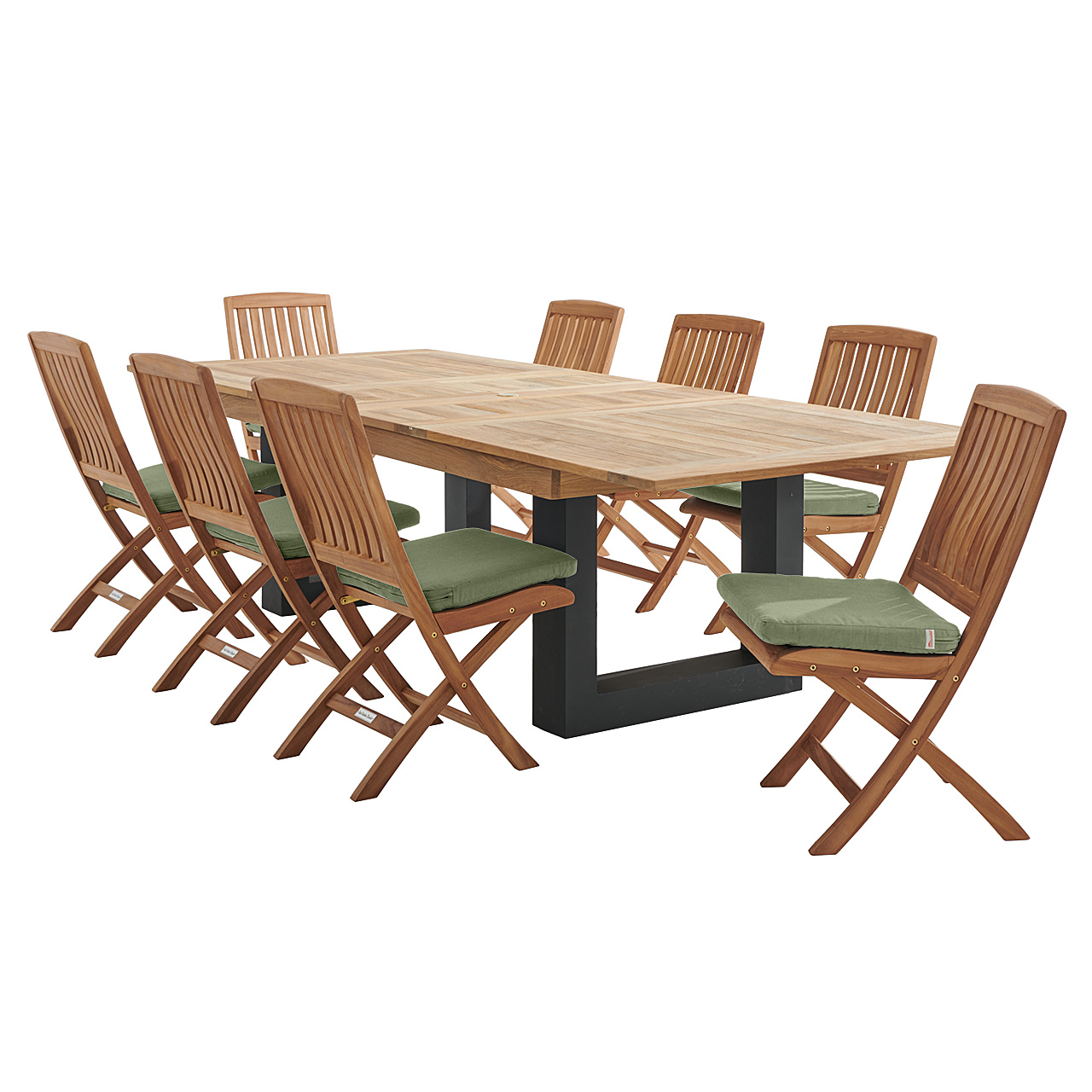 Westport Teak with Cushions 9 Piece Armless Dining Set + Balencia 87-118 x 47 in. Double Extension Table (Scotland Green)