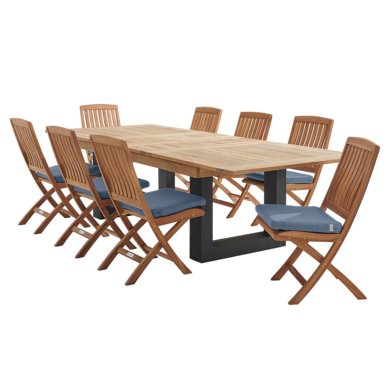 Westport Teak with Cushions 9 Piece Armless Dining Set + Balencia 87-118 x 47 in. Double Extension Table (Spectrum Denim)