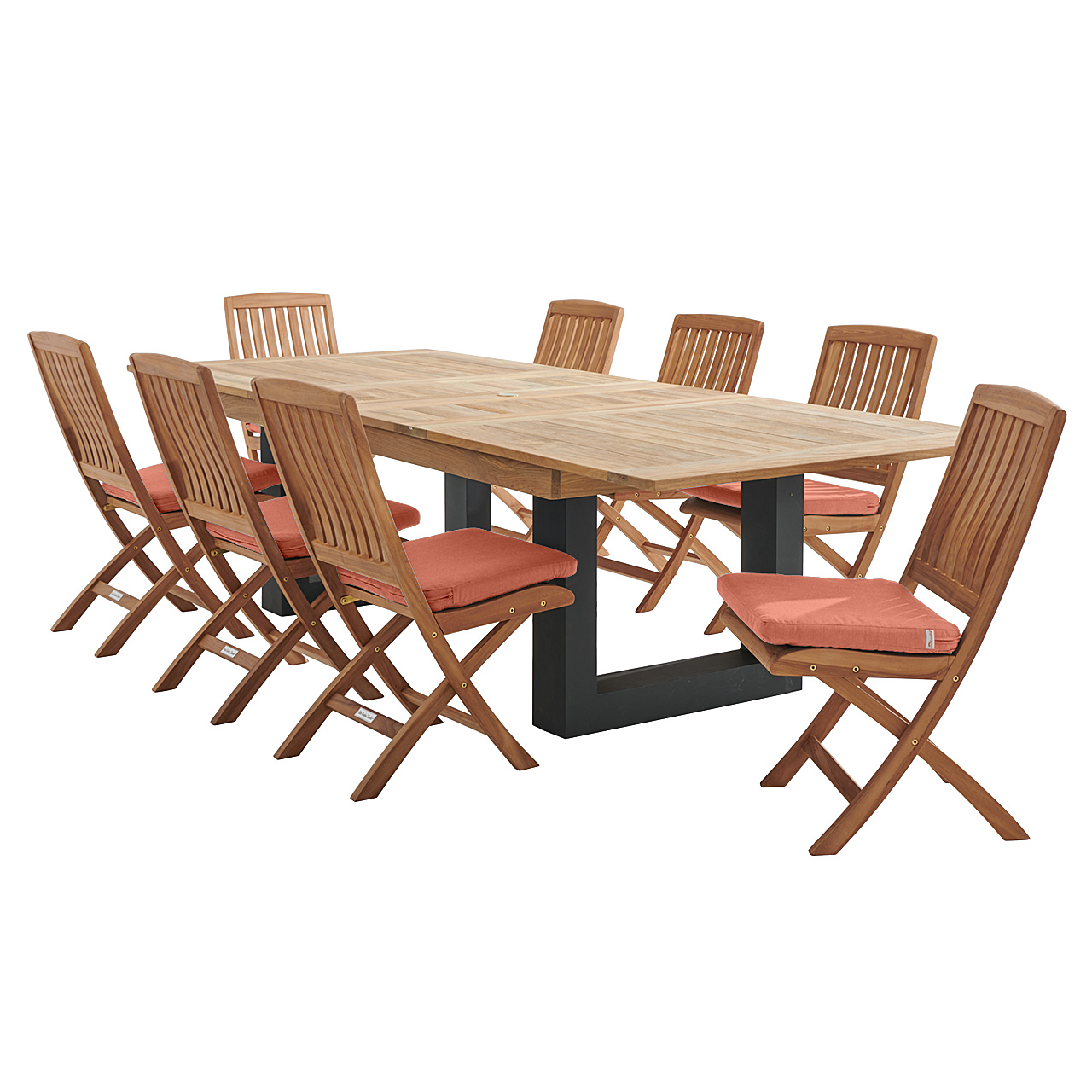 Westport Teak with Cushions 9 Piece Armless Dining Set + Balencia 87-118 x 47 in. Double Extension Table (Paprika)
