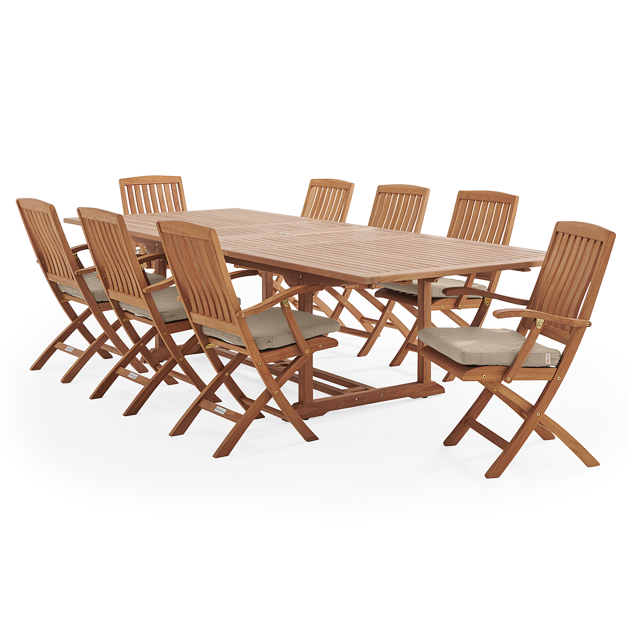 Westport Teak with Cushions 9 Piece Arm Dining Set + Bristol 87-118 x 47 in. Extension Table (Tempo Beige)