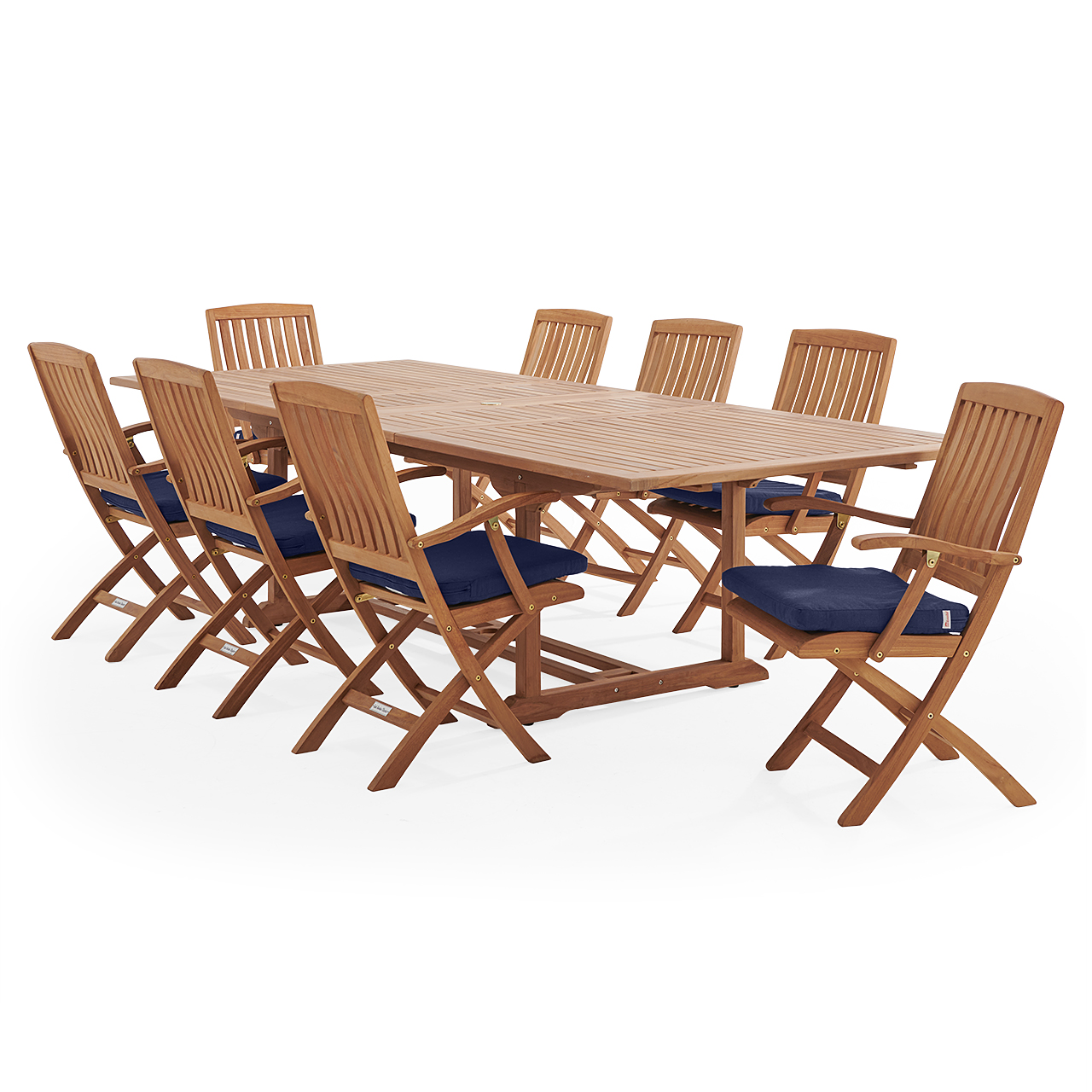 Westport Teak with Cushions 9 Piece Arm Dining Set + Bristol 87-118 x 47 in. Extension Table (Tempo Navy)