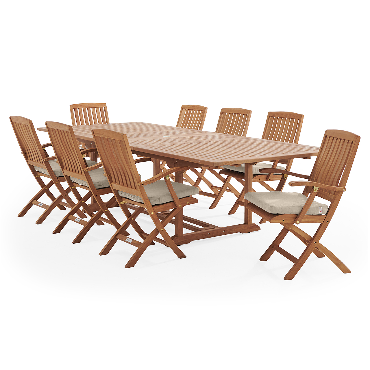 Westport Teak with Cushions 9 Piece Arm Dining Set + Bristol 87-118 x 47 in. Extension Table (Cast Ash)