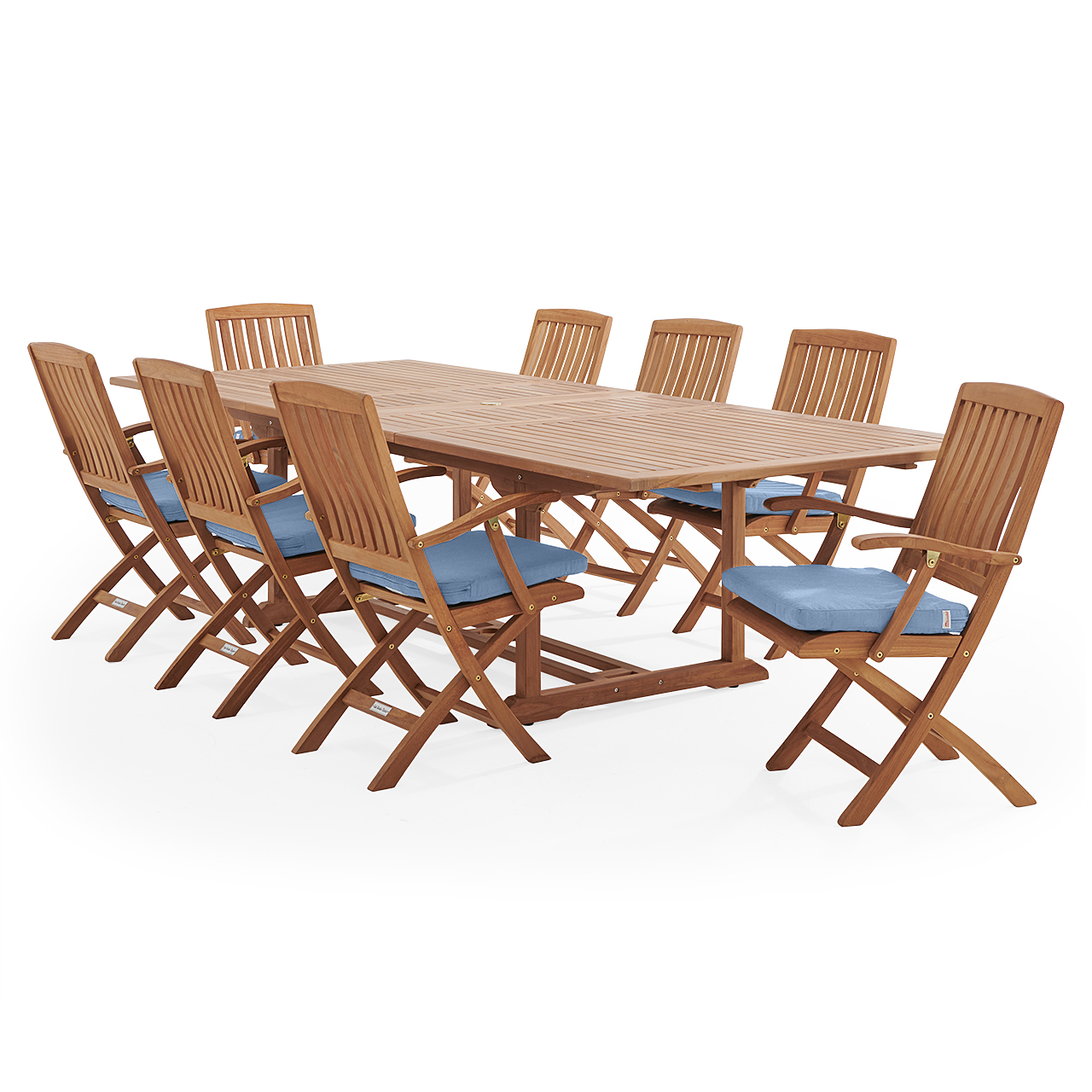 Westport Teak with Cushions 9 Piece Arm Dining Set + Bristol 87-118 x 47 in. Extension Table (Cast Ocean)