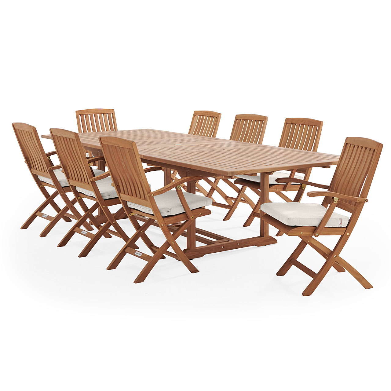 Westport Teak with Cushions 9 Piece Arm Dining Set + Bristol 87-118 x 47 in. Extension Table (Mist)