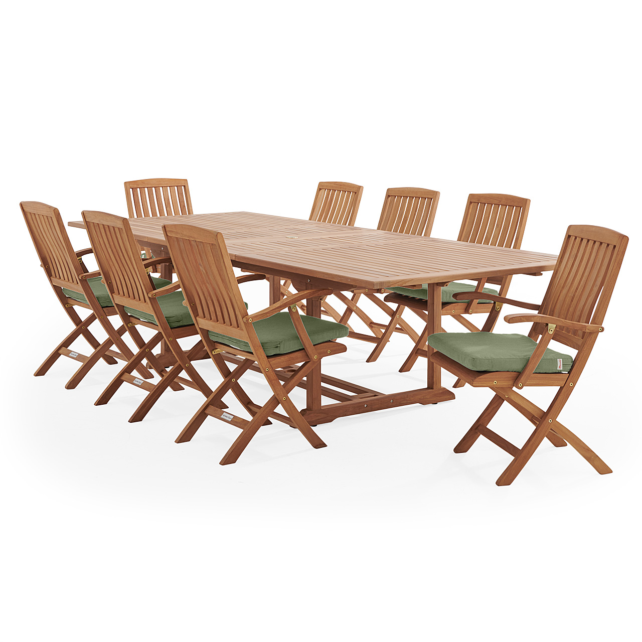 Westport Teak with Cushions 9 Piece Arm Dining Set + Bristol 87-118 x 47 in. Extension Table (Scotland Green)