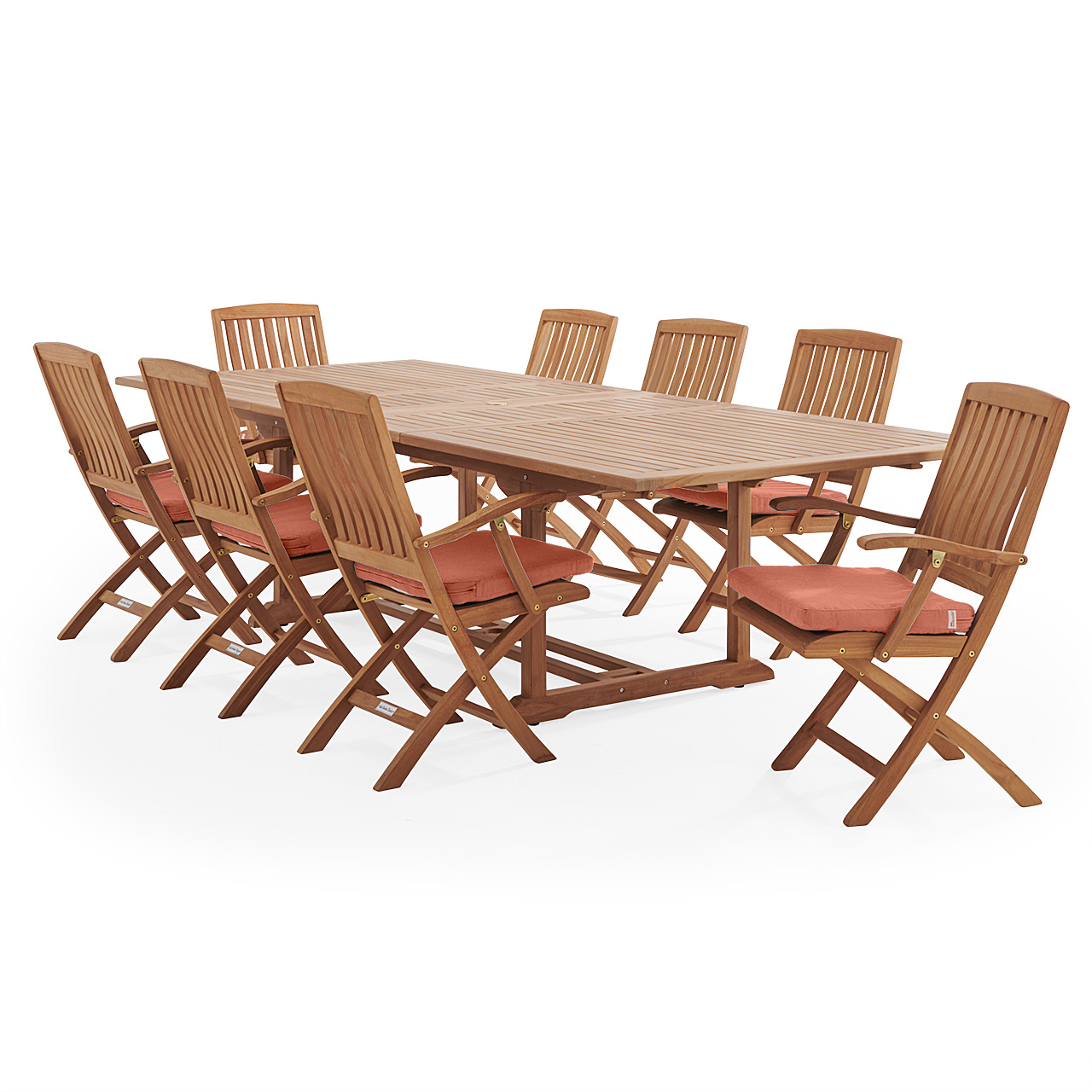 Westport Teak with Cushions 9 Piece Arm Dining Set + Bristol 87-118 x 47 in. Extension Table (Paprika)
