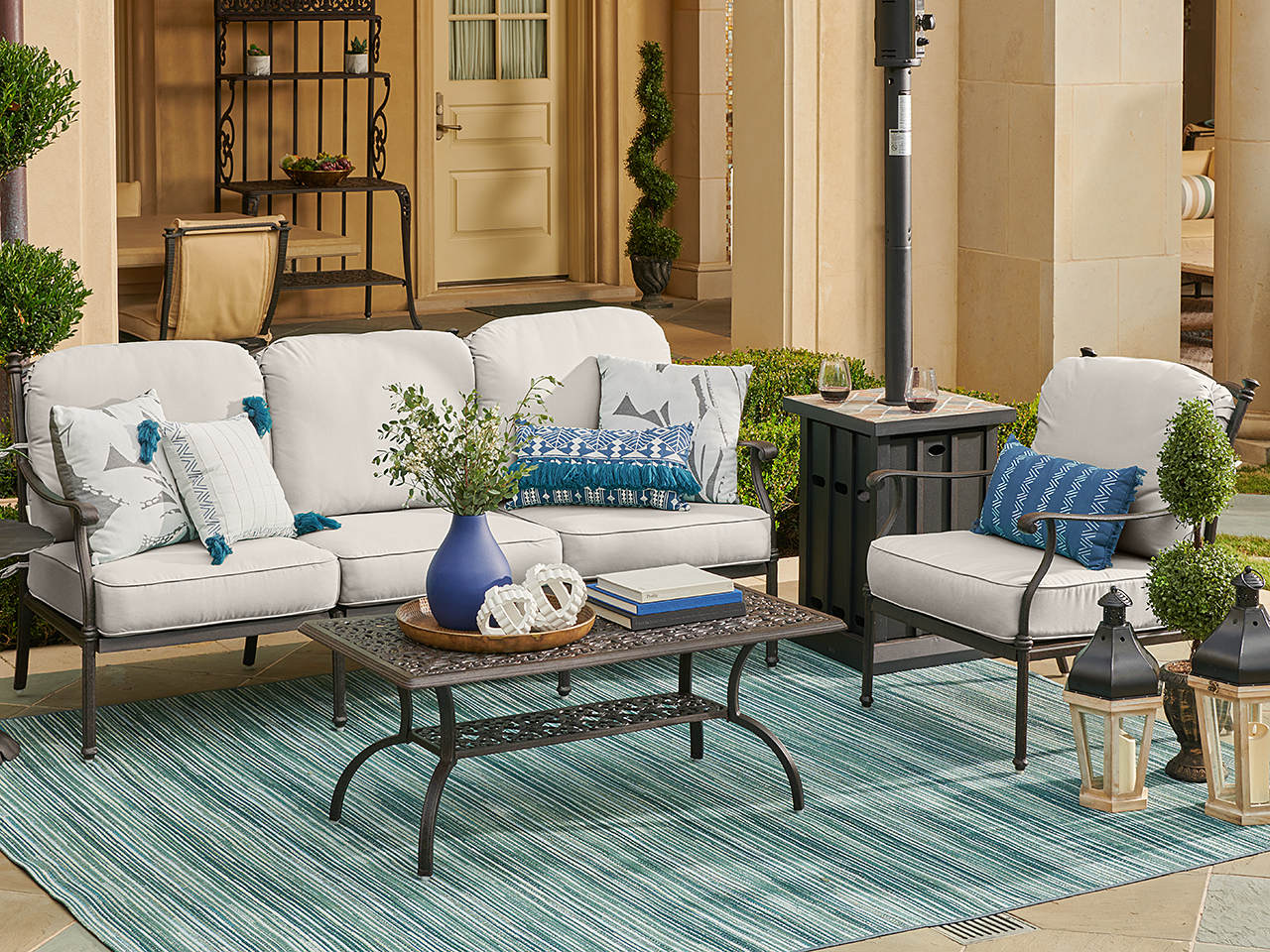 Milan Aged Bronze Cast Aluminum with Cushions 3 Piece Sofa Group + 45 x 24 in. Coffee Table (Mist)