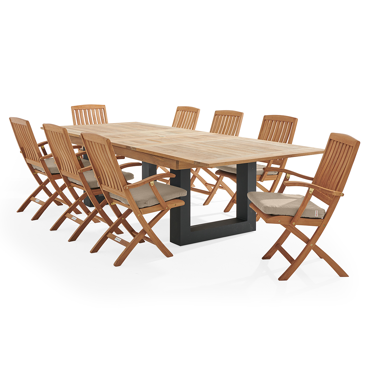 Westport Teak with Cushions 9 Piece Arm Dining Set + Balencia 87-118 x 47 in. Double Extension Table (Tempo Beige)