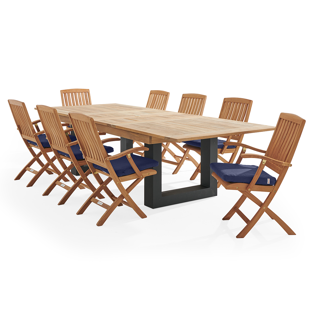 Westport Teak with Cushions 9 Piece Arm Dining Set + Balencia 87-118 x 47 in. Double Extension Table (Tempo Navy)