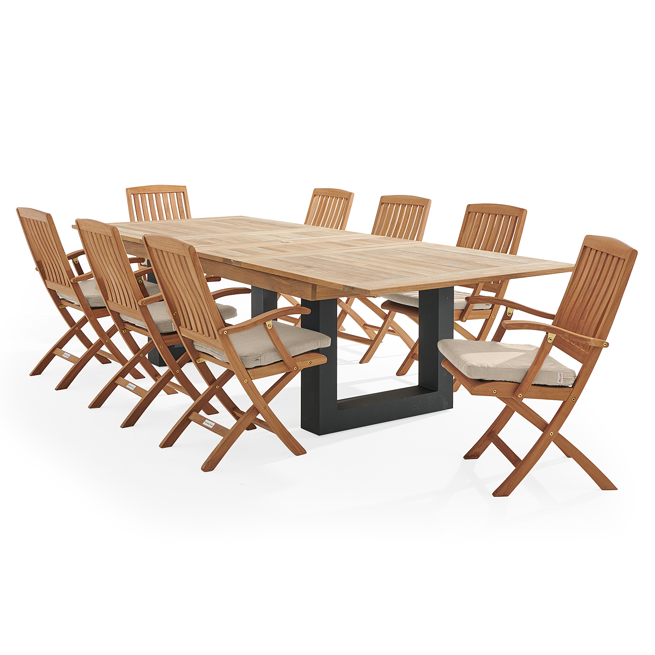 Westport Teak with Cushions 9 Piece Arm Dining Set + Balencia 87-118 x 47 in. Double Extension Table (Cast Ash)