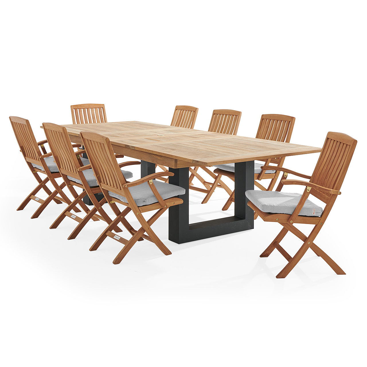 Westport Teak with Cushions 9 Piece Arm Dining Set + Balencia 87-118 x 47 in. Double Extension Table (Canvas Granite)