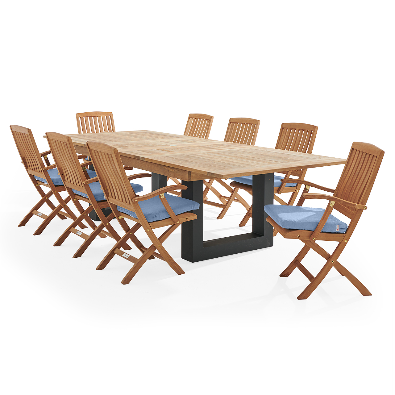 Westport Teak with Cushions 9 Piece Arm Dining Set + Balencia 87-118 x 47 in. Double Extension Table (Cast Ocean)