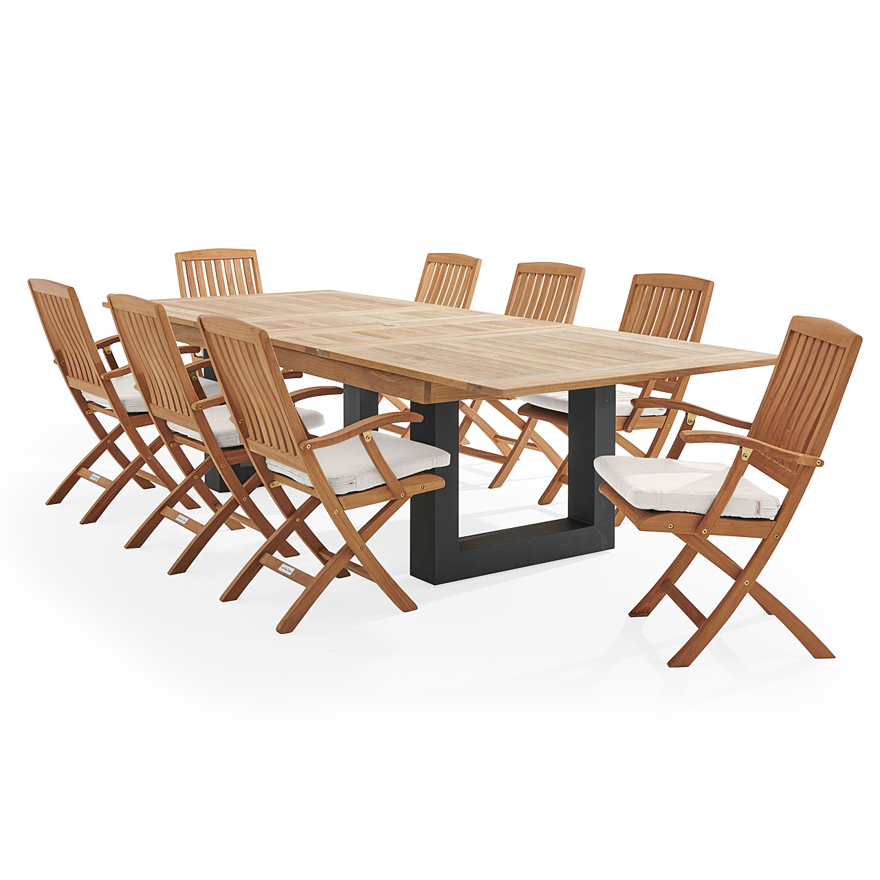 Westport Teak with Cushions 9 Piece Arm Dining Set + Balencia 87-118 x 47 in. Double Extension Table (Mist)