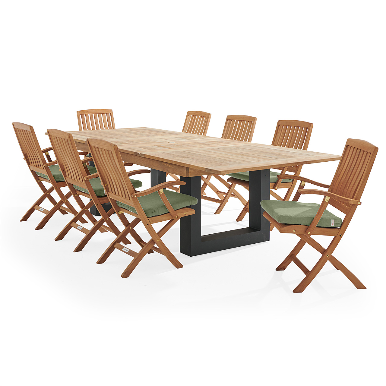 Westport Teak with Cushions 9 Piece Arm Dining Set + Balencia 87-118 x 47 in. Double Extension Table (Scotland Green)