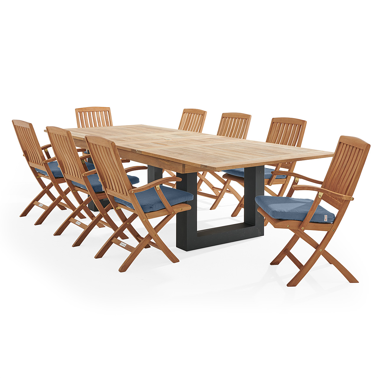 Westport Teak with Cushions 9 Piece Arm Dining Set + Balencia 87-118 x 47 in. Double Extension Table (Spectrum Denim)