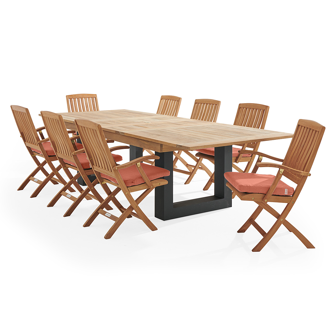 Westport Teak with Cushions 9 Piece Arm Dining Set + Balencia 87-118 x 47 in. Double Extension Table (Paprika)