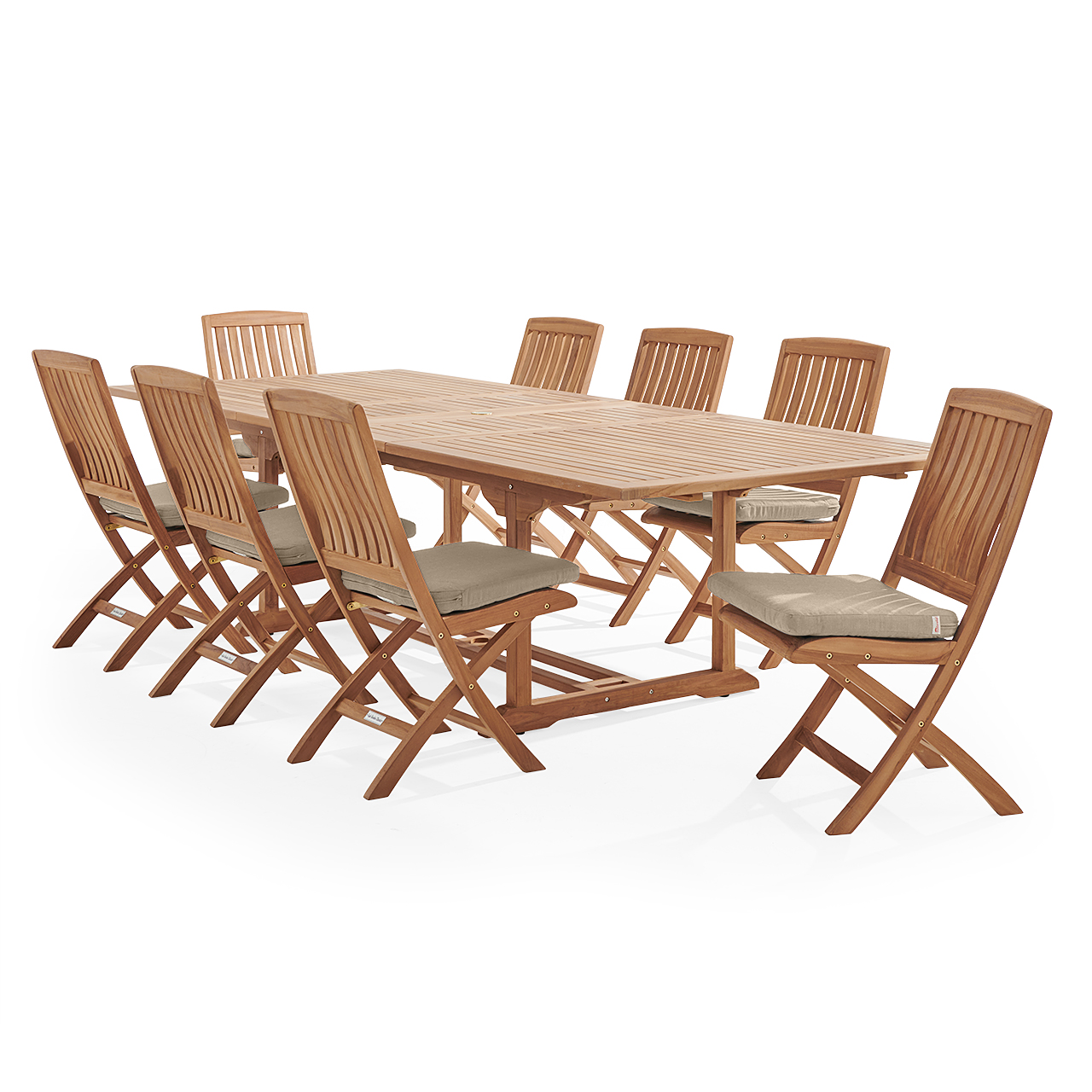 Westport Teak with Cushions 9 Piece Armless Dining Set + Bristol 87-118 x 47 in. Extension Table (Tempo Beige)