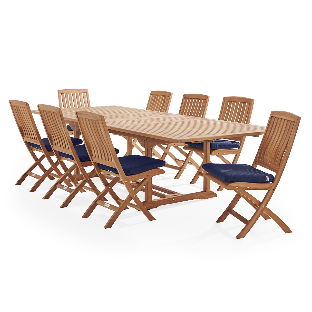 Westport Teak with Cushions 9 Piece Armless Dining Set + Bristol 87-118 x 47 in. Extension Table (Tempo Navy)