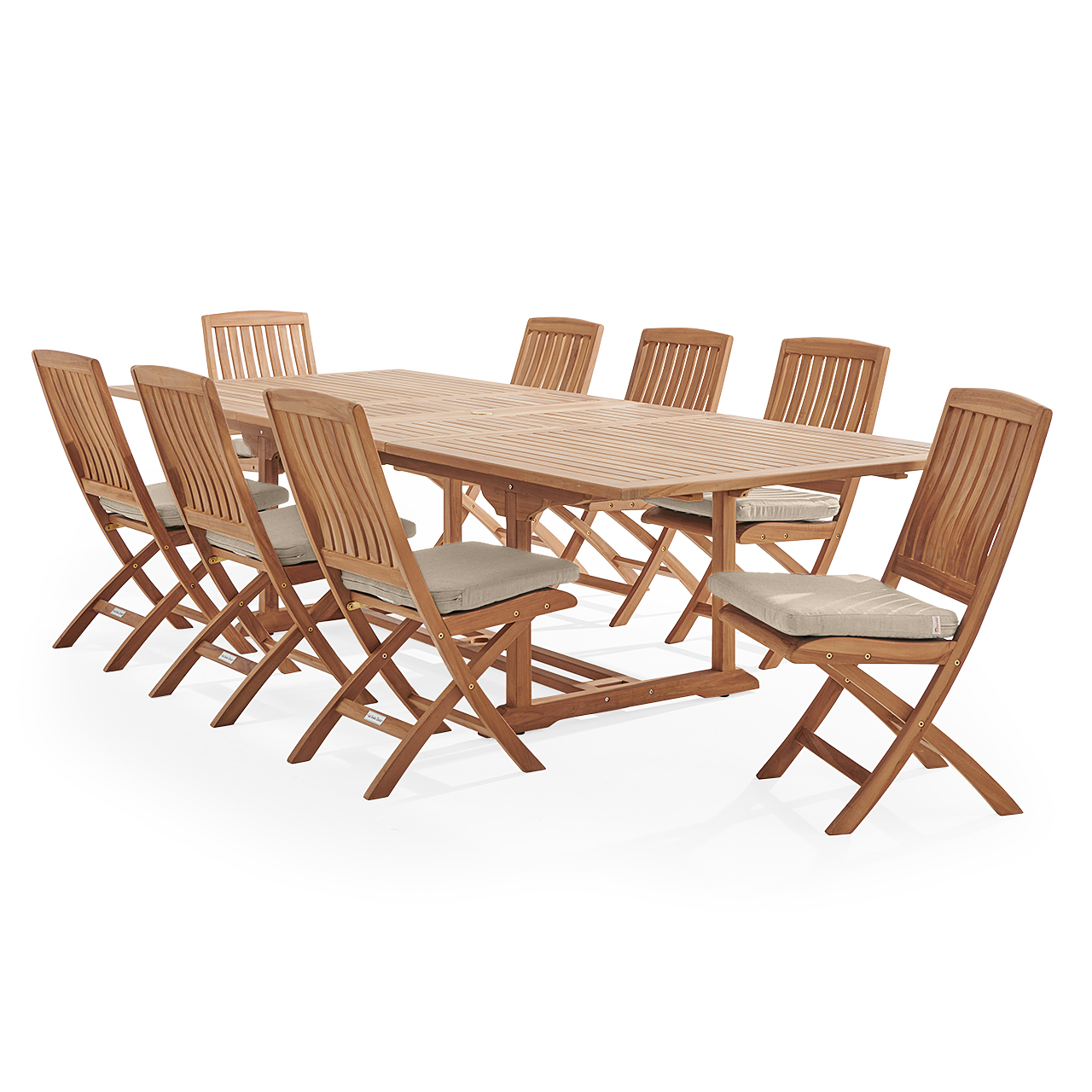 Westport Teak with Cushions 9 Piece Armless Dining Set + Bristol 87-118 x 47 in. Extension Table (Cast Ash)