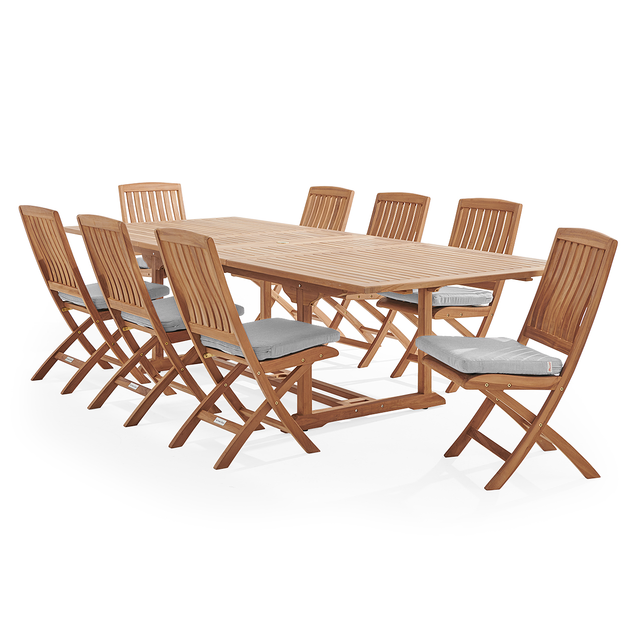 Westport Teak with Cushions 9 Piece Armless Dining Set + Bristol 87-118 x 47 in. Extension Table (Canvas Granite)