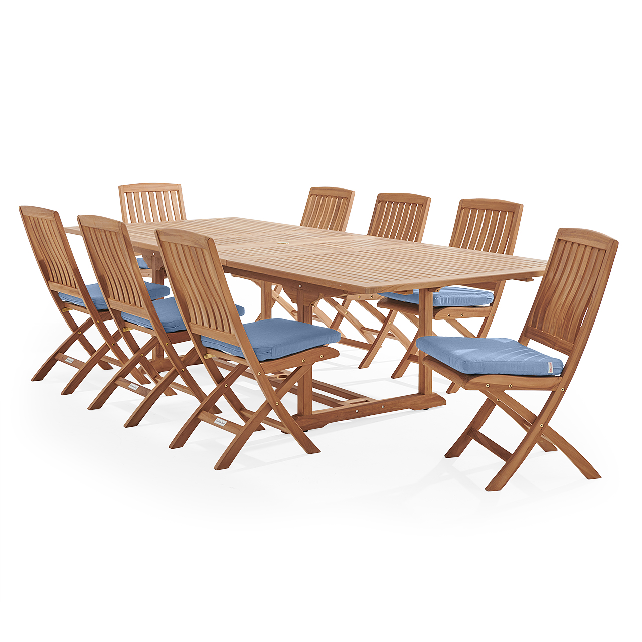 Westport Teak with Cushions 9 Piece Armless Dining Set + Bristol 87-118 x 47 in. Extension Table (Cast Ocean)